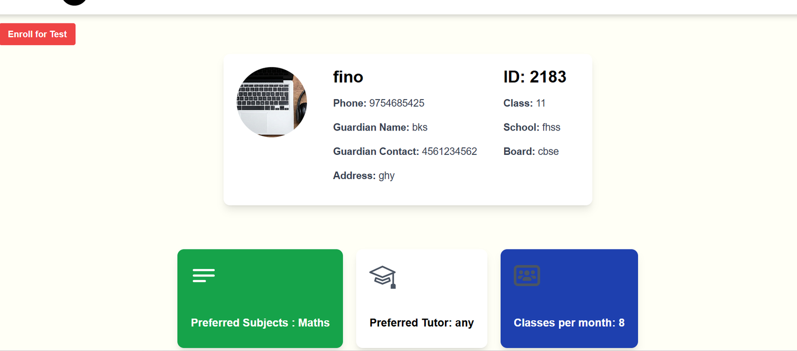 Student profile with preferred subjects, tutor preferences, and class details