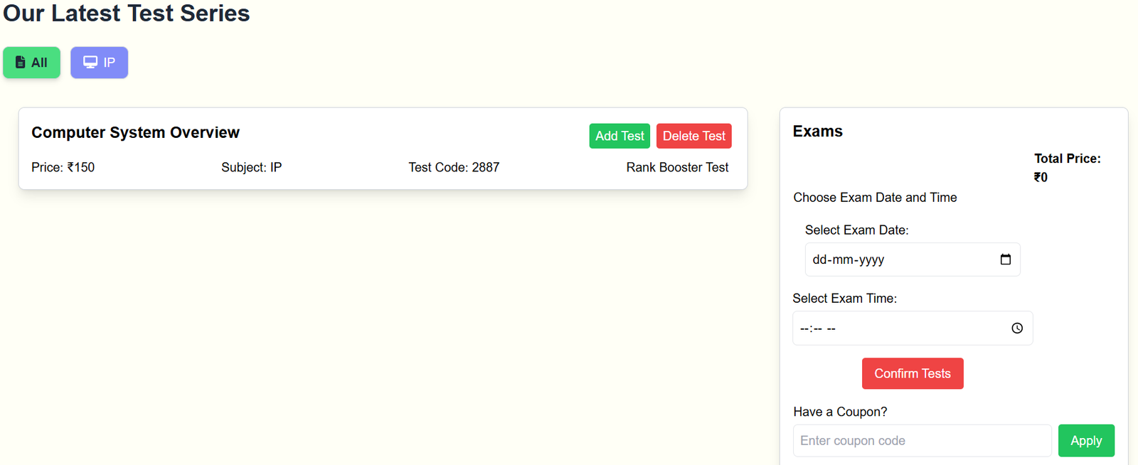 Test series catalogue with subject filters, exam scheduling, and pricing