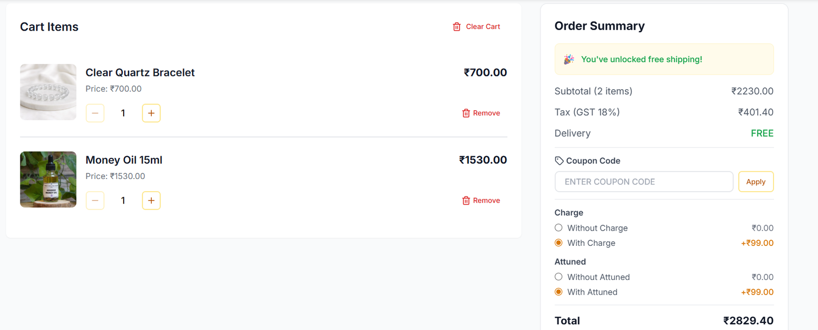 Shopping cart with order summary, coupon codes, and pricing breakdown