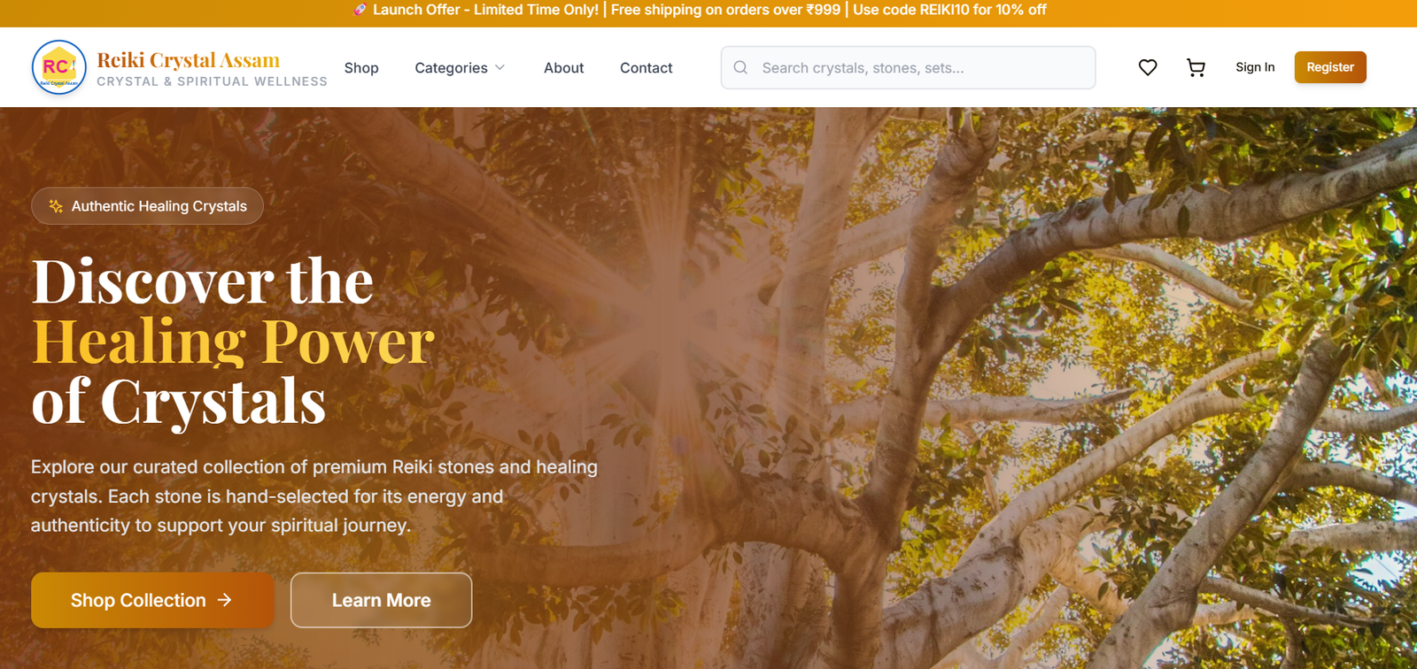 Reiki Crystal Assam — homepage with hero section and product discovery
