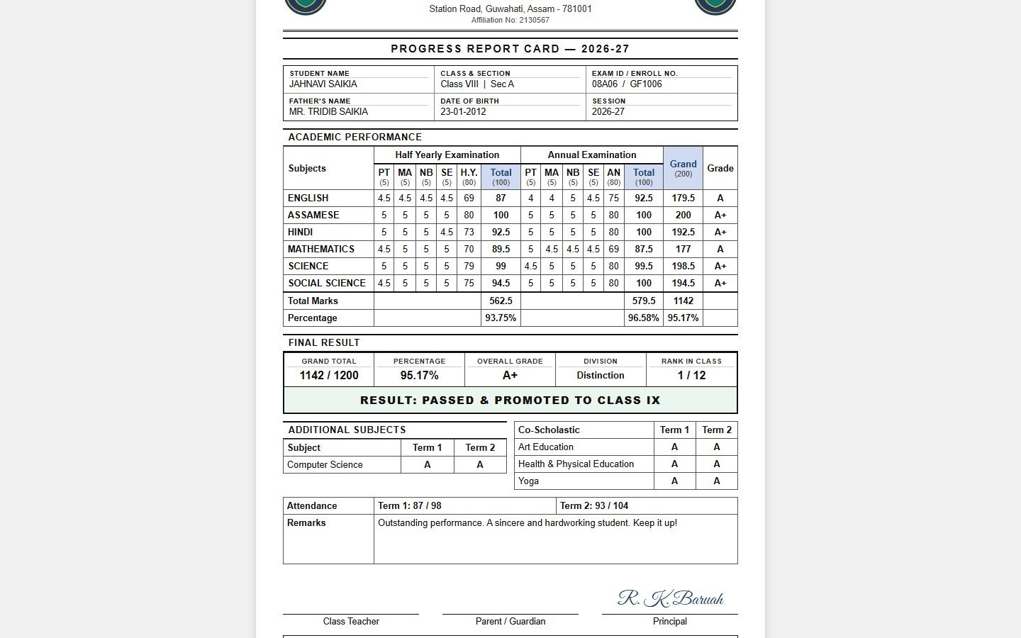 Printable A4 progress report card with final result, division, rank and co-scholastic grades
